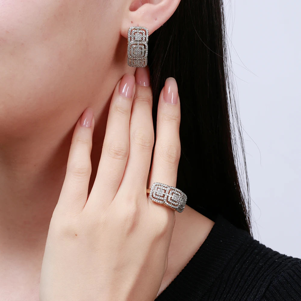 Square inlaid zircon large earrings and ring set copper-plated 14K gold ladies elegant fashion jewelry three-piece set