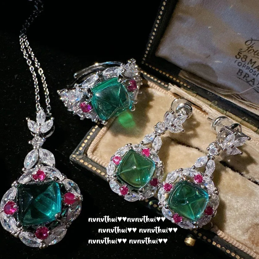 Luxury Vintage Tourmaline Lab Emerald Jewelry Sets for Women Platinum Plating Green Gemstone Inlady Trendy Ring/Earring/Necklace