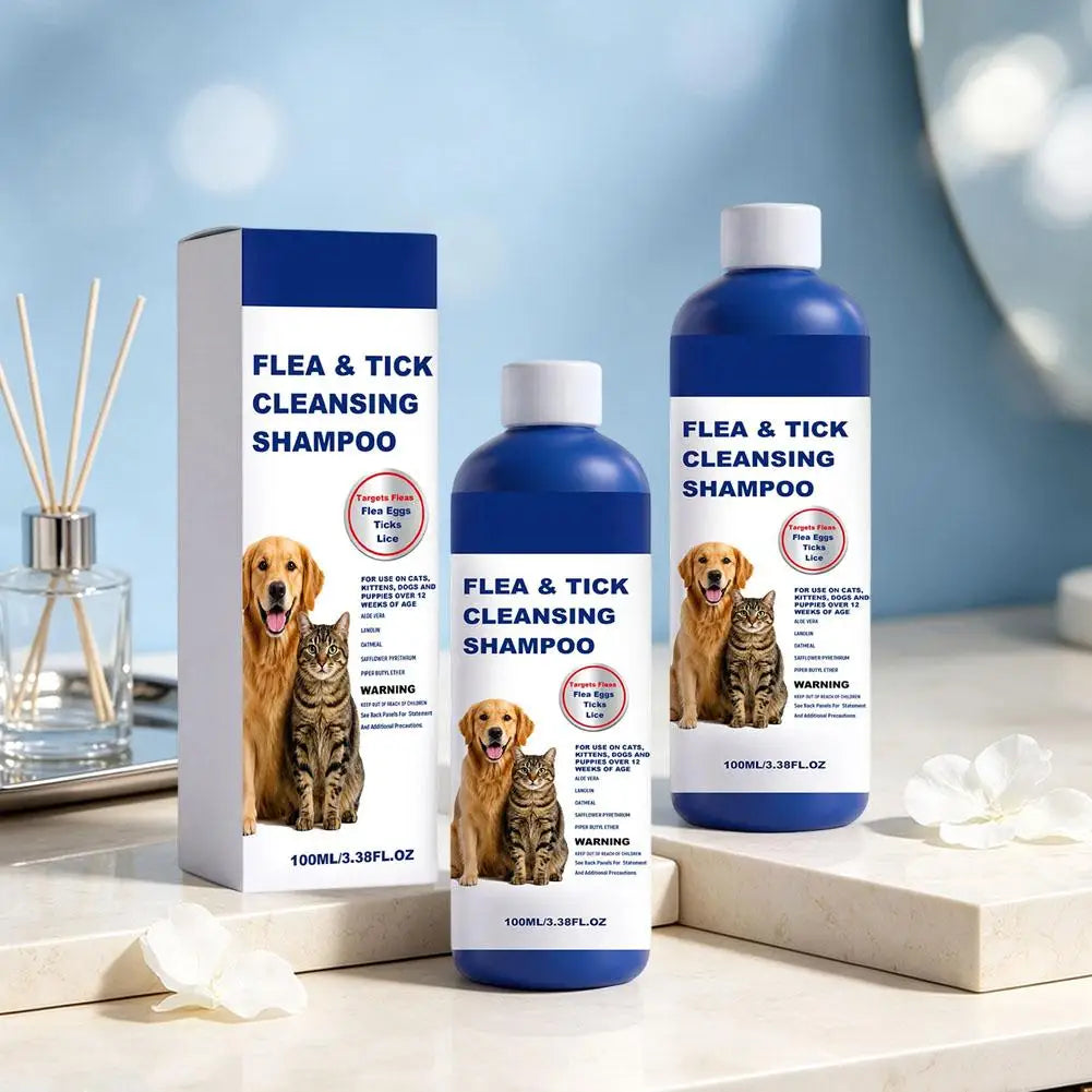 100ml Pet Flea & Tick Cleansing Shampoo Gentle Soothing Deodorizing Bath Wash For Dogs Cats Deep Cleaning Remove Lice Mite