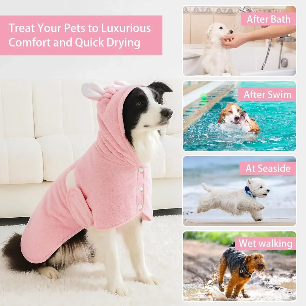 Pet Bathrobe for Dogs and Cats Super Absorbent Pet Dog Bath Towel Hooded Coat Adjustable Collar and Belly StrapXS To L