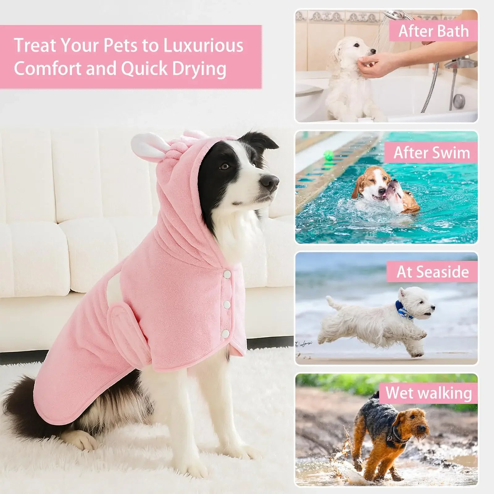 Pet Bathrobe for Dogs and Cats Super Absorbent Pet Dog Bath Towel Hooded Coat Adjustable Collar and Belly StrapXS To L