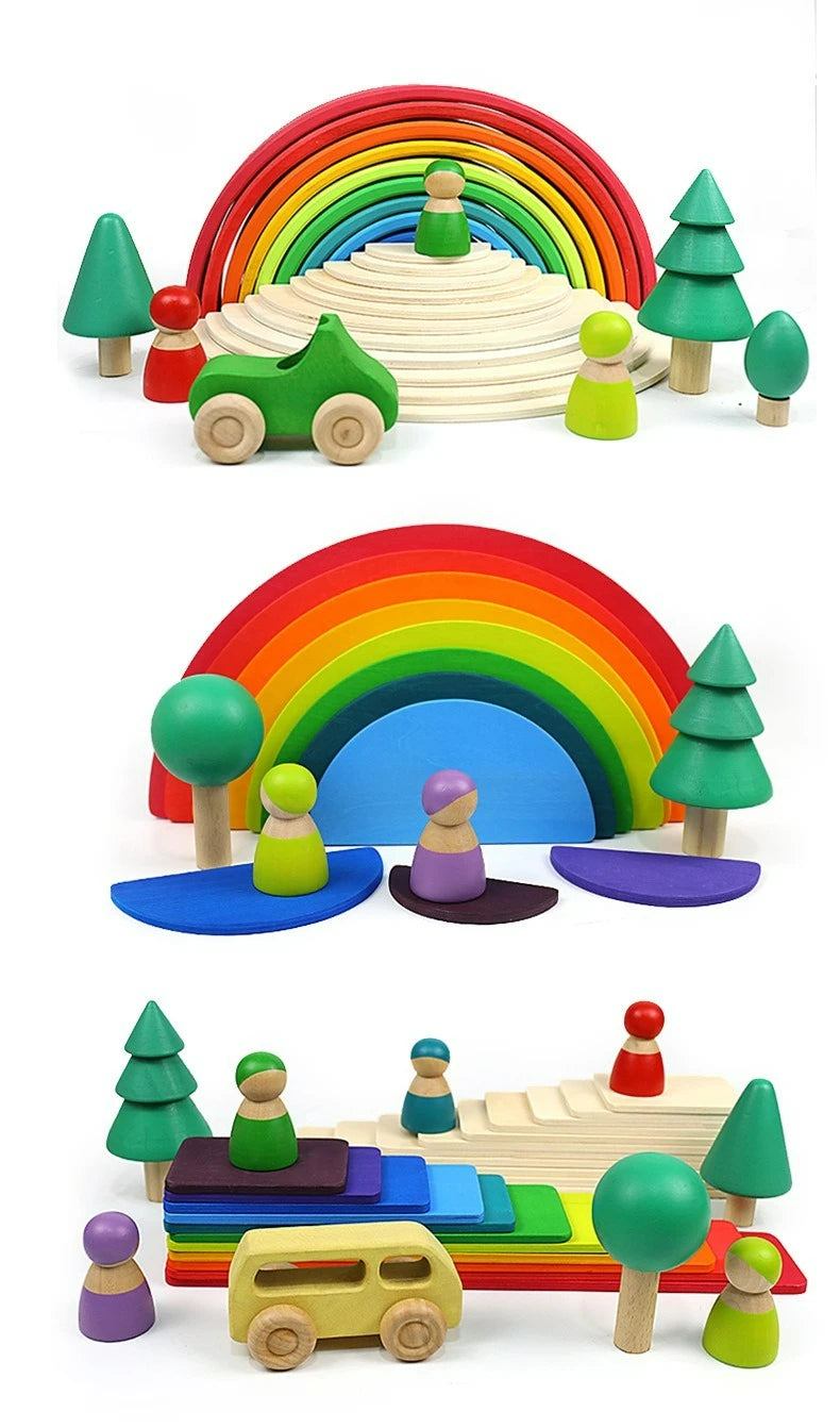 Wooden Rainbow Block Colorful Stacking Building Block Children Open-shaped Creative Building Blocks Montessori Educational Toy