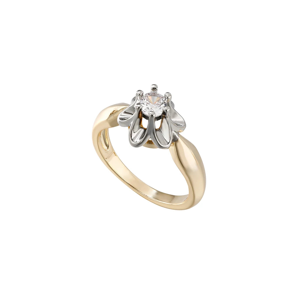 French Petal Inlaid Zircon Earrings and Ring Set, High-End Copper-Plated Two-Tone Gold Fashion Jewelry, Versatile for Commuting