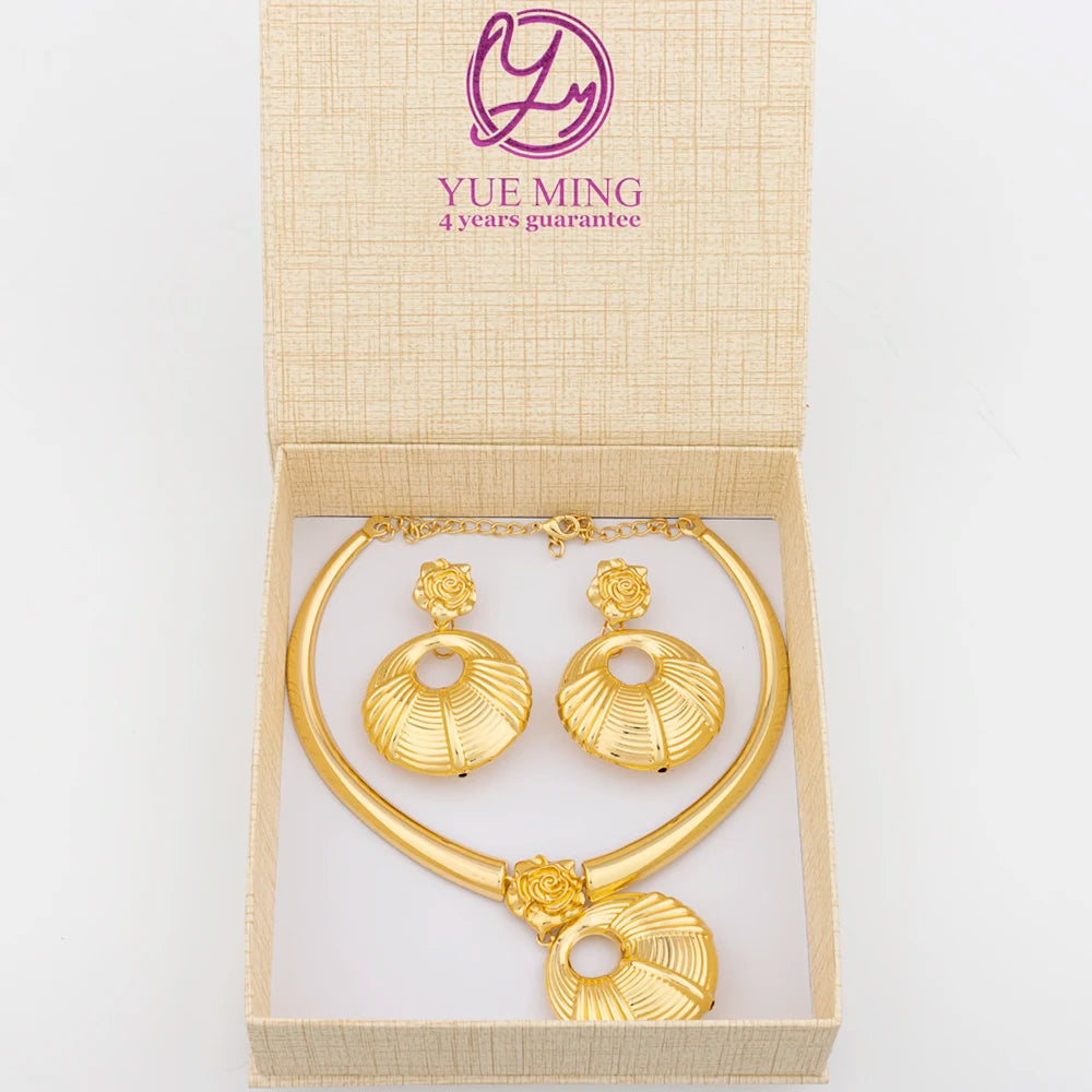 African Gold Plated Jewelry Set for Women Hoop Earrings and Pendant Set Italian Weddings Bangle Ring Jewellery Set Wholesale