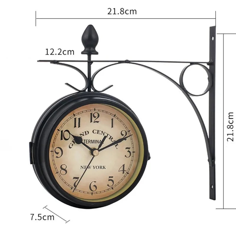 Outdoor Wall Clock Hanging Retro Double Sided Battery Powered Metal Mount Vintage Garden Coffee Bar Decoration Round Station
