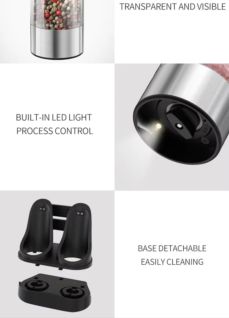 USB Rechargeable Automatic Pepper Grinder Salt And Pepper Mill Adjustable Coarseness Spice Grinder with LED Light for Kitchen