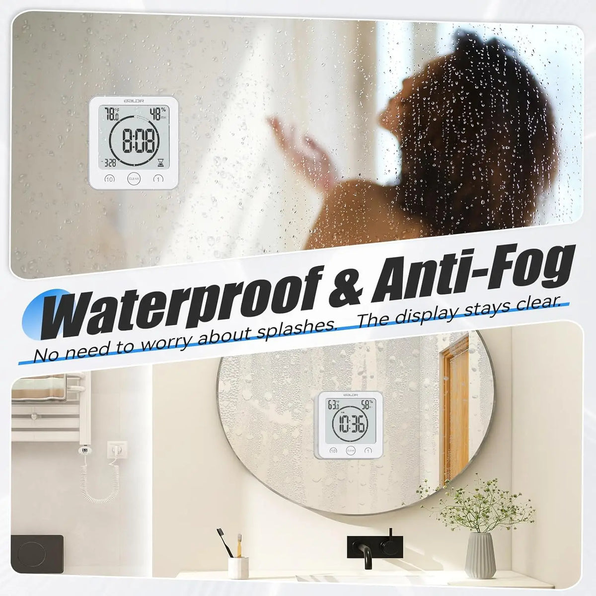 Waterproof Bathroom Wall Clock Digital Shower Clock Timer with Touch Screen, Temperature, Hanging Hole Stand for Kids & Adults