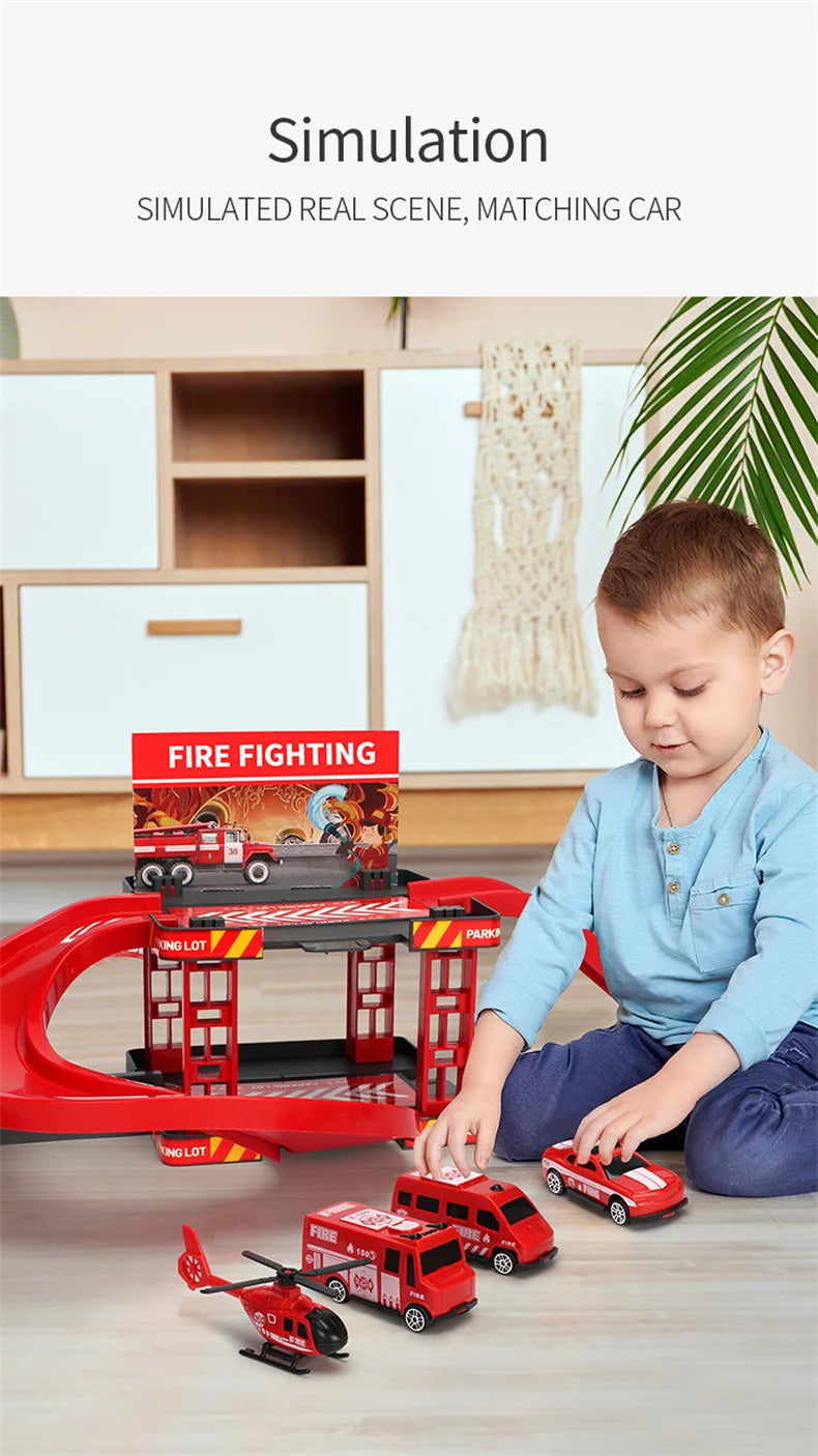 Track Parking Lot Toys Multi-Storey Rail Car Parking Building Fire Police Engineering Vehicle Car Children's Toys