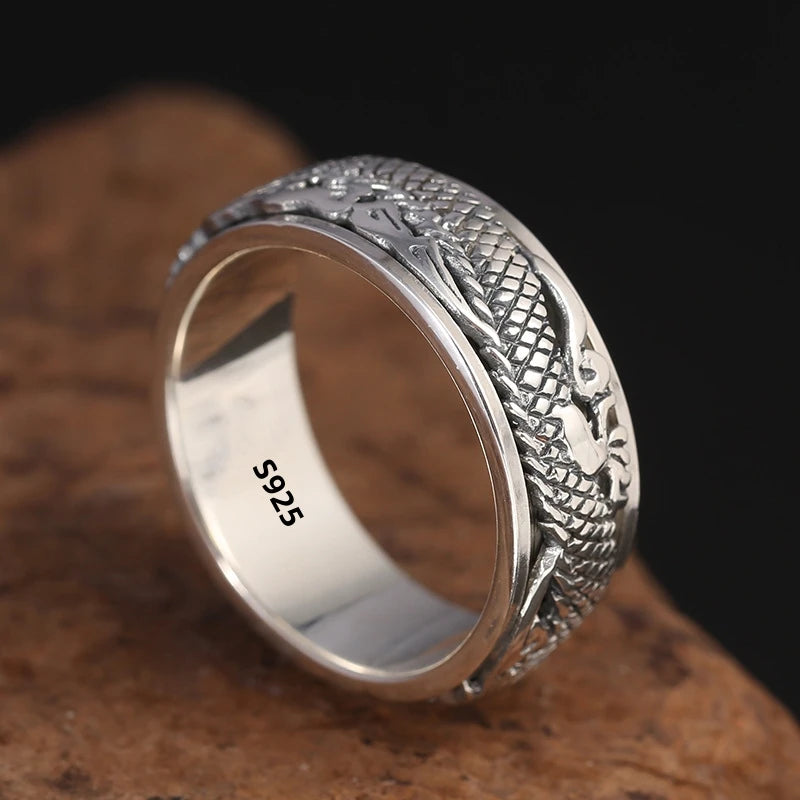 12mm Width Real S925 Sterling Silver Lucky Dragon Double Layer Rotatable Closed Dragon Ring For Man Woman Fiine Jewelry Gift