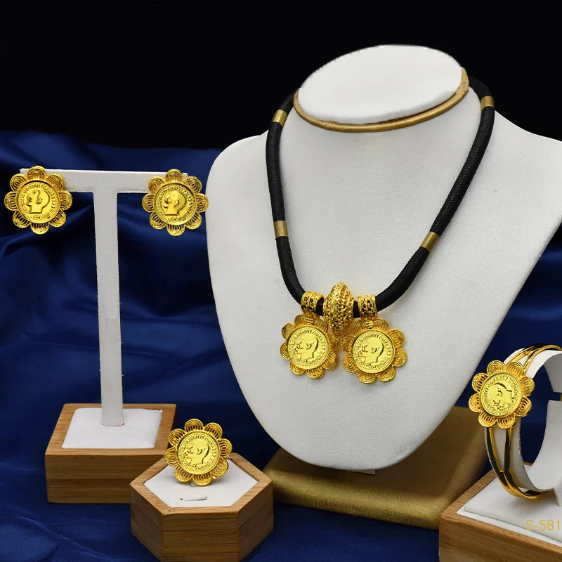 ANIID Ethiopian Gold Color 6pcs Jewelry Sets For Women Dubai Flower Shape Nigerian Luxury Necklace Jewellery Set Wedding Gifts