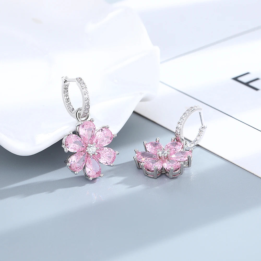 Fashion Wedding Ring for Women Pink Zircon Crystal Flower Pendant Bracelets Earrings Necklace Rings Fine Jewelry Sets FCGJHW