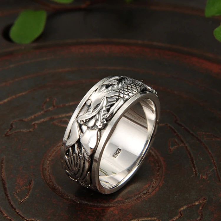 12mm Width Real S925 Sterling Silver Lucky Dragon Double Layer Rotatable Closed Dragon Ring For Man Woman Fiine Jewelry Gift