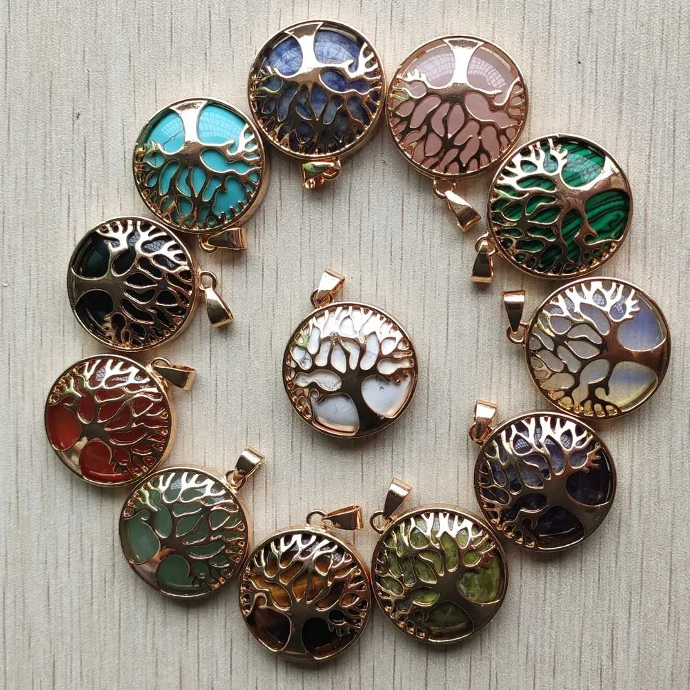 Wholesale 12pcs/lot Fashion Natural Stone Alloy Tree of Life Mix Pendants for Necklaces Jewelry Accessories Making Fast Shipping
