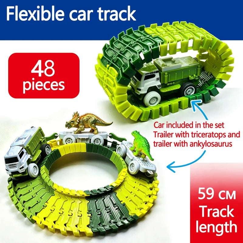 48pcs/set Dinosaur Racing Track Set Bend Flexible Race Track Racing Car Track Rail Car Toys Educational Puzzle Toys