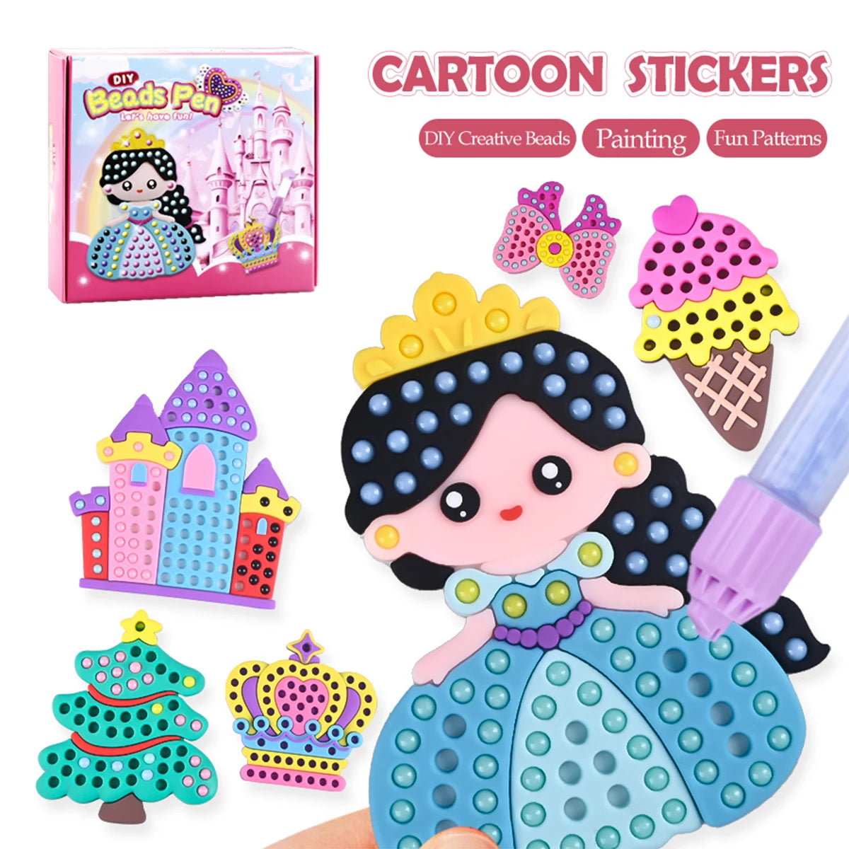 Handmade Set Beads Pen DIY Girls Toys, Creative Production Sticker Princess Rainbow Bow Girl Gifts Toy for Kids