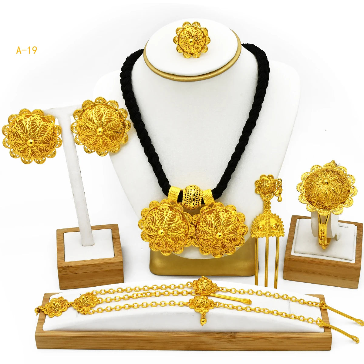 ANIID Ethiopian Gold Color 6pcs Jewelry Sets For Women Dubai Flower Shape Nigerian Luxury Necklace Jewellery Set Wedding Gifts