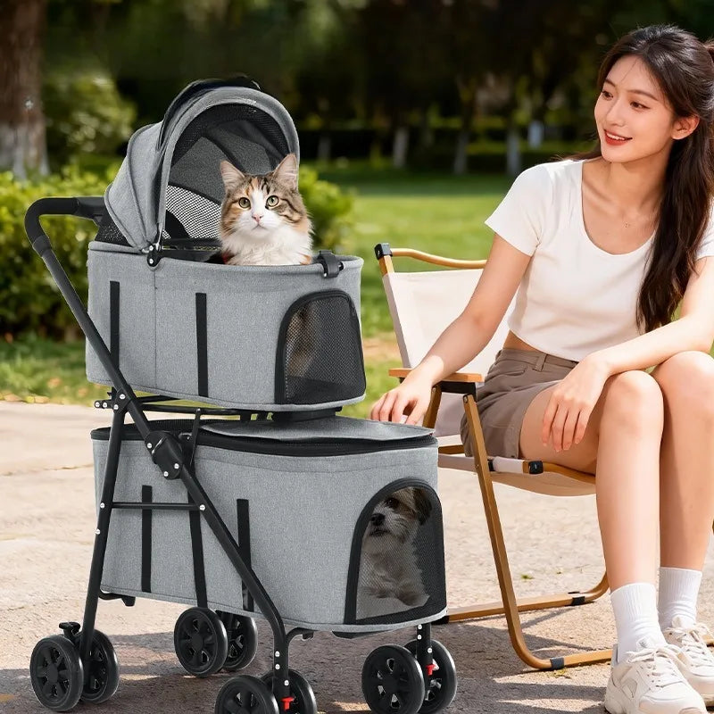 Double Pet Stroller with Detachable Carrier for Medium Small Dogs and Cats Durable Universal Wheels with Brakes Max for 30LBS