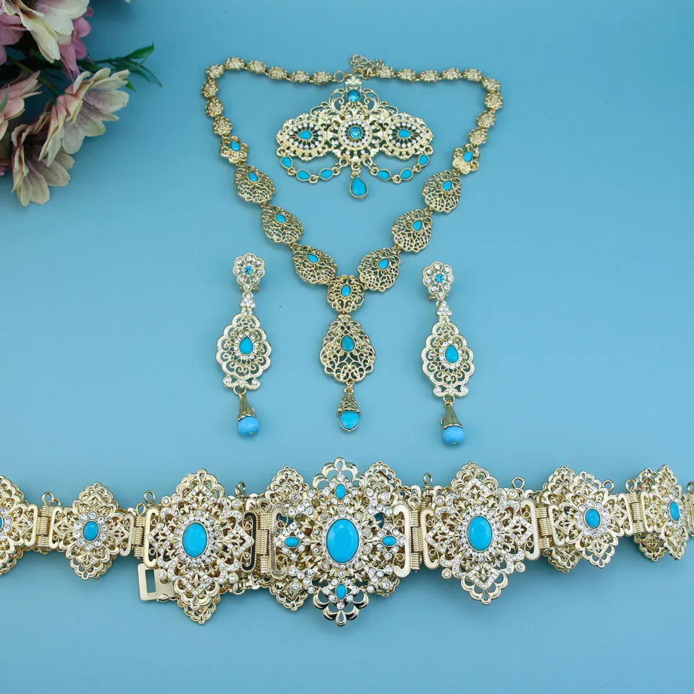 Sunspicems Chic Arabic Bride Jewelry Sets For Women Gold Color Crystal Morocco Belt Necklace Caftan Brooch Earring Muslim Sets
