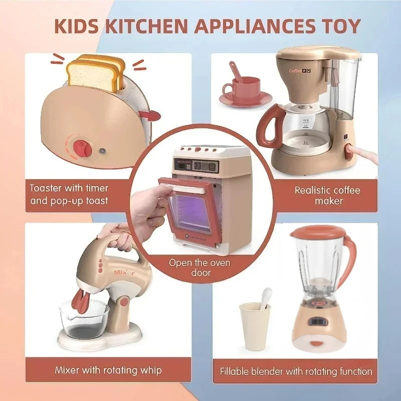 Kids Kitchen Appliances Toy Pretend Play Kitchen Accessories with Blender Coffee Maker Mixer Toaster Vacuum with Sounds & Light
