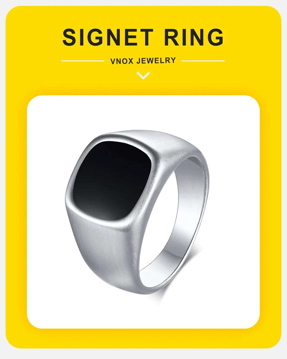 Vnox 12.5mm Signet Ring for Men, Black Square Top Stainless Steel Finger Band, Gothic Punk Rock Boy Stamp Rings
