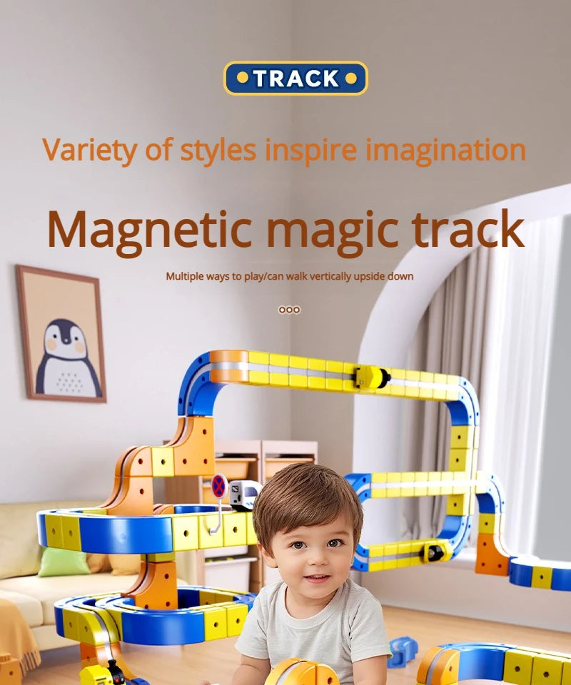 DIY Electric Magnetic Track Set With High-Speed Rail Vehicles STEM Building Game Puzzle Cube Toy for Children Gift(1-100+pieces)