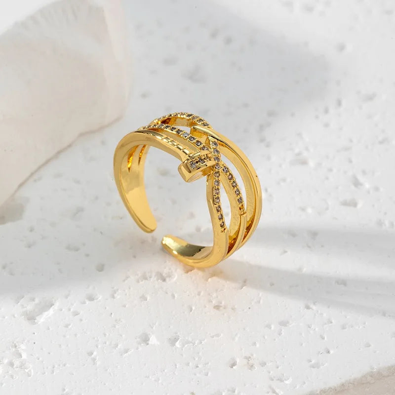 Classic Fashion Couple Ring, Copper Zirconia Women's Adjustable Ring, Fashion Gold Metal Crystal Needle Ring