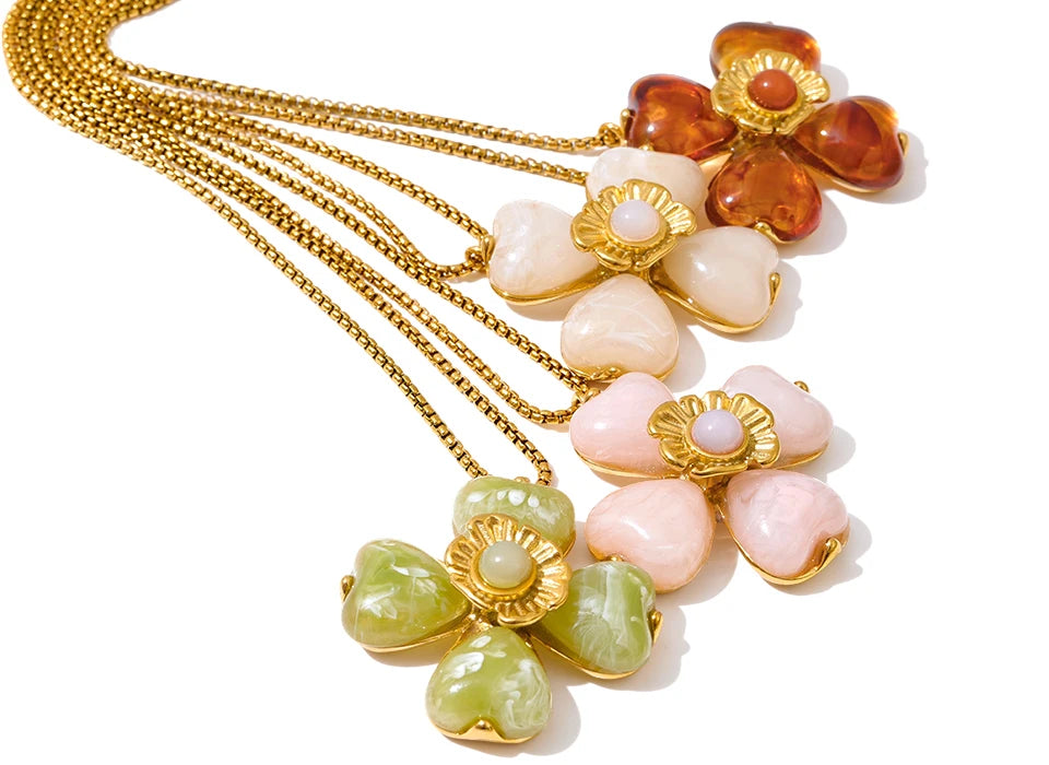 Yhpup Hot Style Acrylic Flower Pendant Necklace Earrings Ring Set for Women Stainless Steel Exquisite Jewelry Wholesale