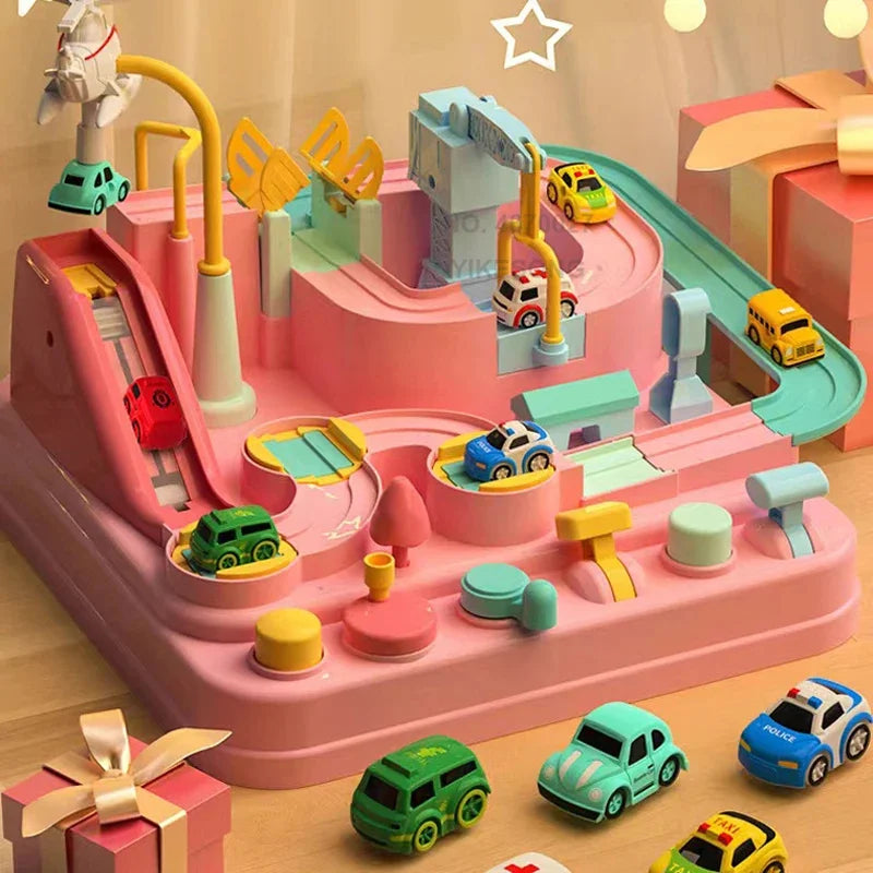 Hot Racing Rail Car Tracks Toy Game for Children Kids Train Board Adventure Parking Mechanical Toy for Boy Age 3+ Birthday Gift