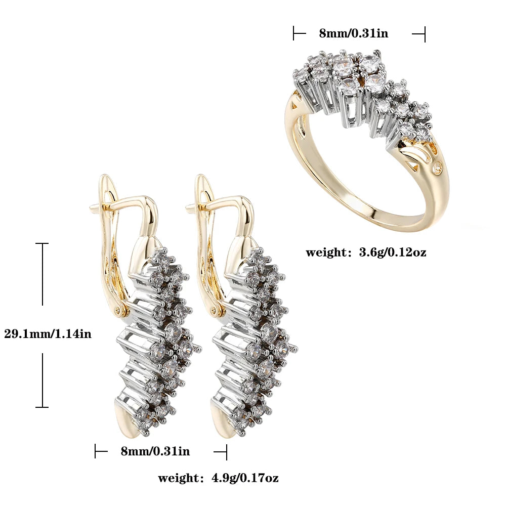 Personalized design inlaid zircon earrings and ring set copper plated 14K gold elegant fashion jewelry wedding banquet gifts