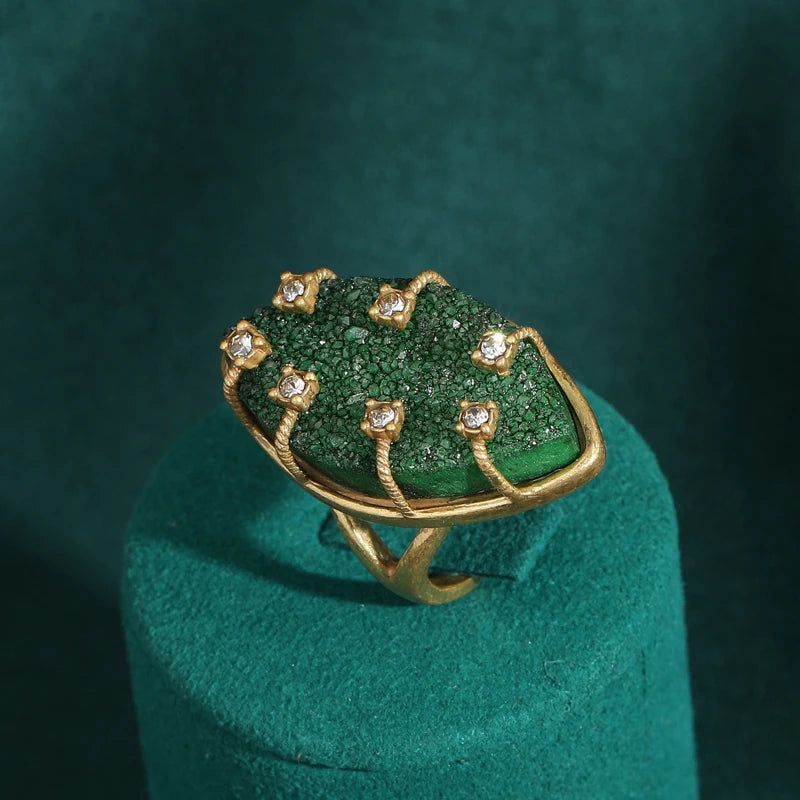 Vintage Wedding Rings for Women Round Blue Natural Oval Green Crystal Horse Eye Shape Glass Retro Pattern Gold Color Jewelry