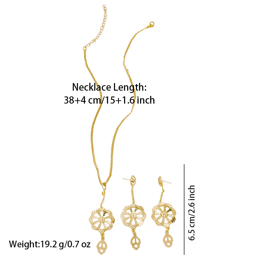Dubai Gold Color Necklace Jewelry Set for Women Dangle Earrings and Necklace Bridal Weddings Earrings Engagement  Jewellery Gift