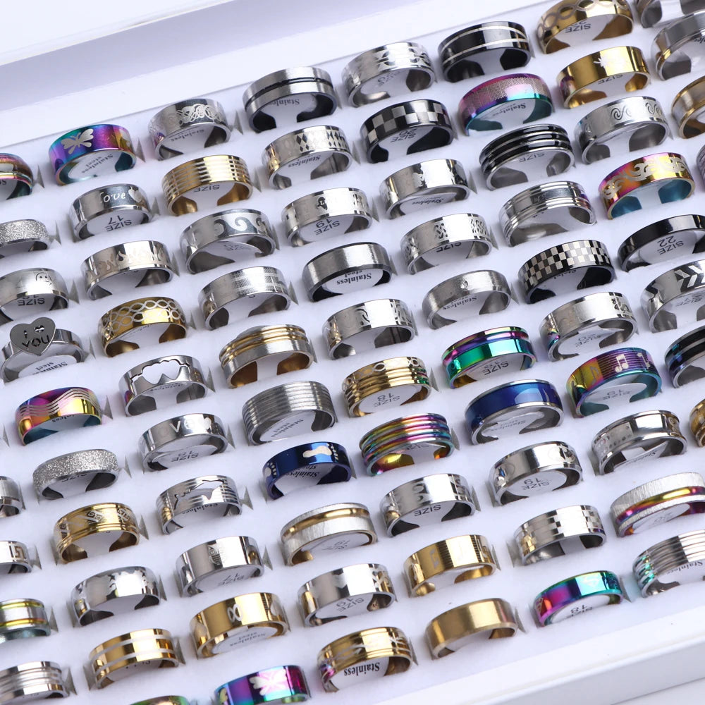 10/20/50/100Pcs/Lot Fashion Stainless Steel Stripe Heart Hollw Rings For Men Women Mix Style Simple Jewelry Party Gifts