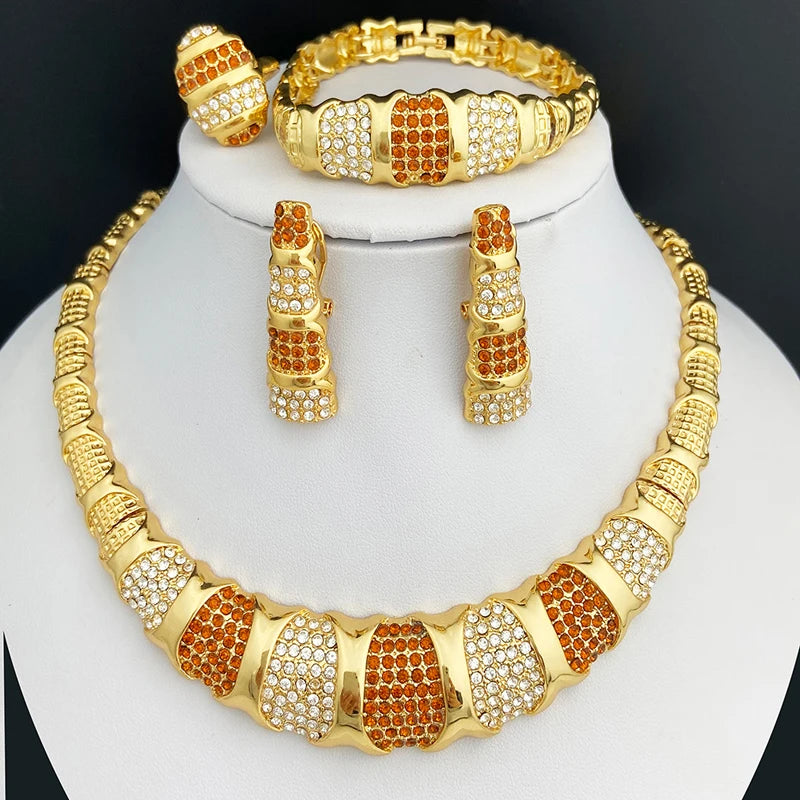Dubai Jewelry Set For Women 18K Gold Plated Luxury Necklace Earrings Bracelet Ring For Wedding Party Mother's Day Gift On Sale