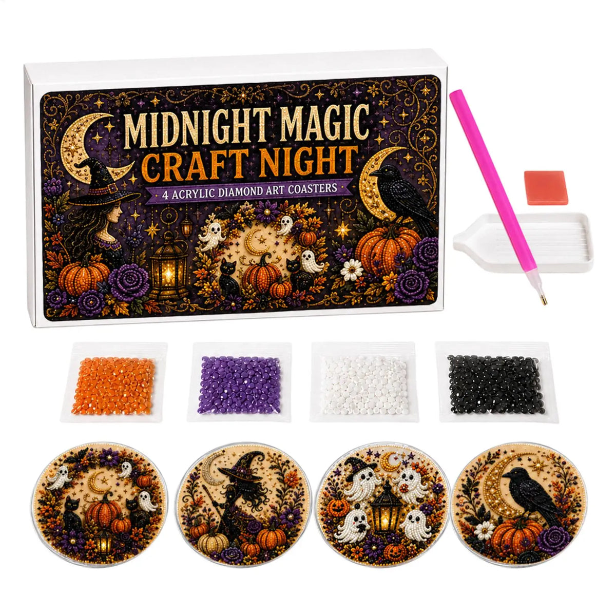 Halloween Pearl Painting Bead Kit DIY Spooky Ghost Witch Acrylic Non-Slip Coaster Making Pearl Art Craft Set for Adults Beginner