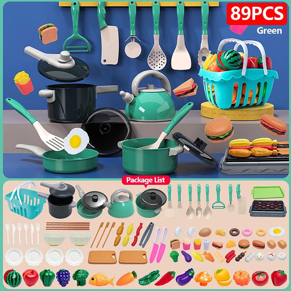 Kids Play Kitchen Toys Set Mini 92/69/59 PCS Pretend Cooking Food with Pots Pans Utensils for Toddlers Girls Boys Children Gift