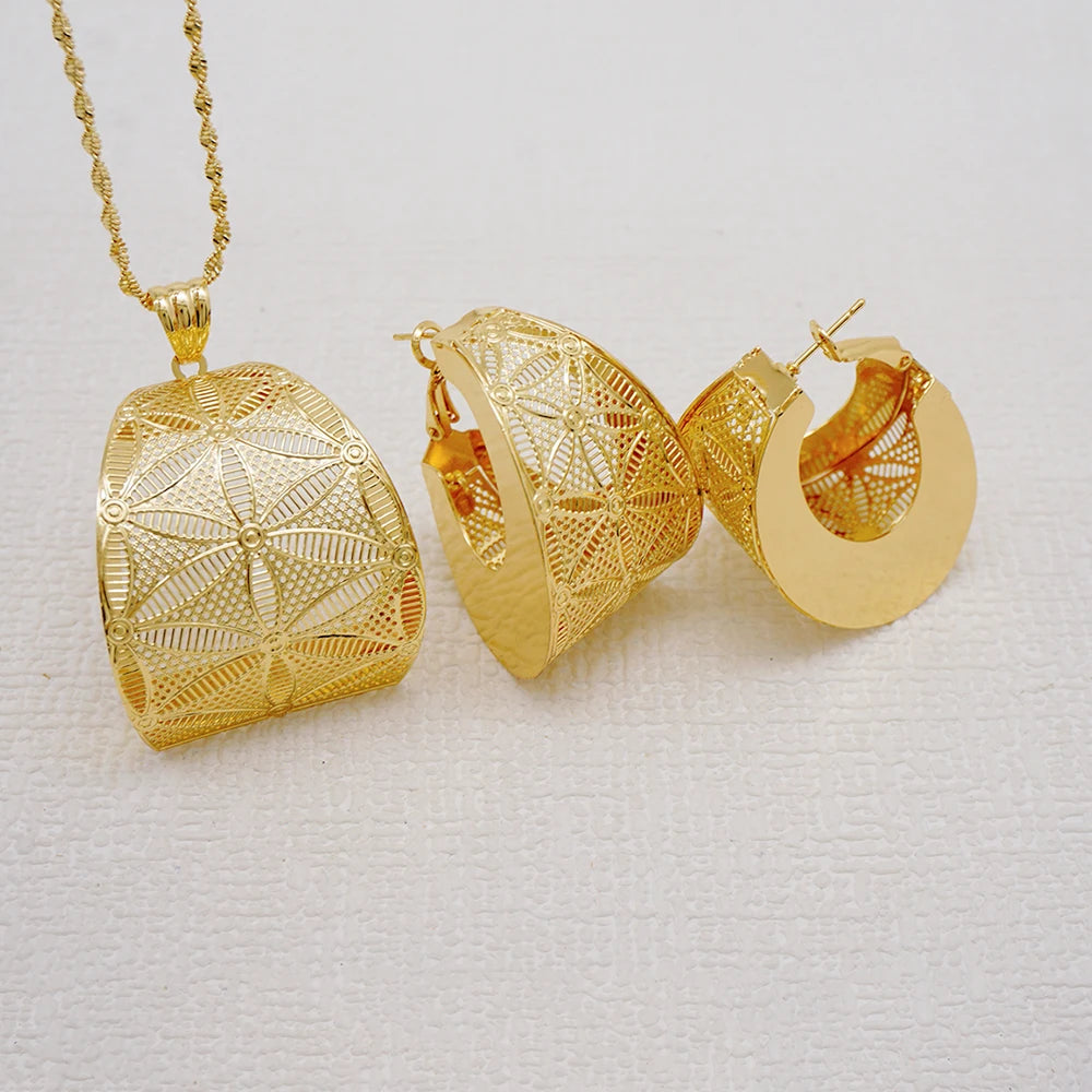Fashion Dubai Jewelry Sets Gold Color Pendant Copper Classic Earrings Necklace For Women Daily Wear Party Anniversary Gifts
