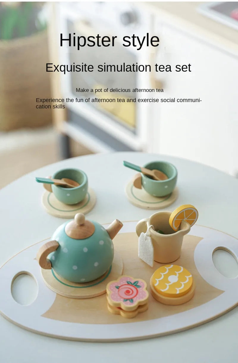 Girls Toys Wooden Afternoon Tea Set Children's Toy Kitchen  Pretend Play Set Toaster Coffee Maker Ice Cream Kids Educational Toy