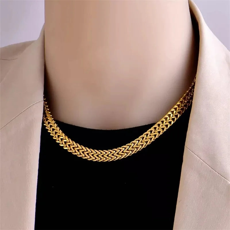 EILIECK 316L Stainless Steel Double Color Oval Necklace Bracelet Set For Women Hip-Hop Punk Twists Neck Chain Jewelry Gift