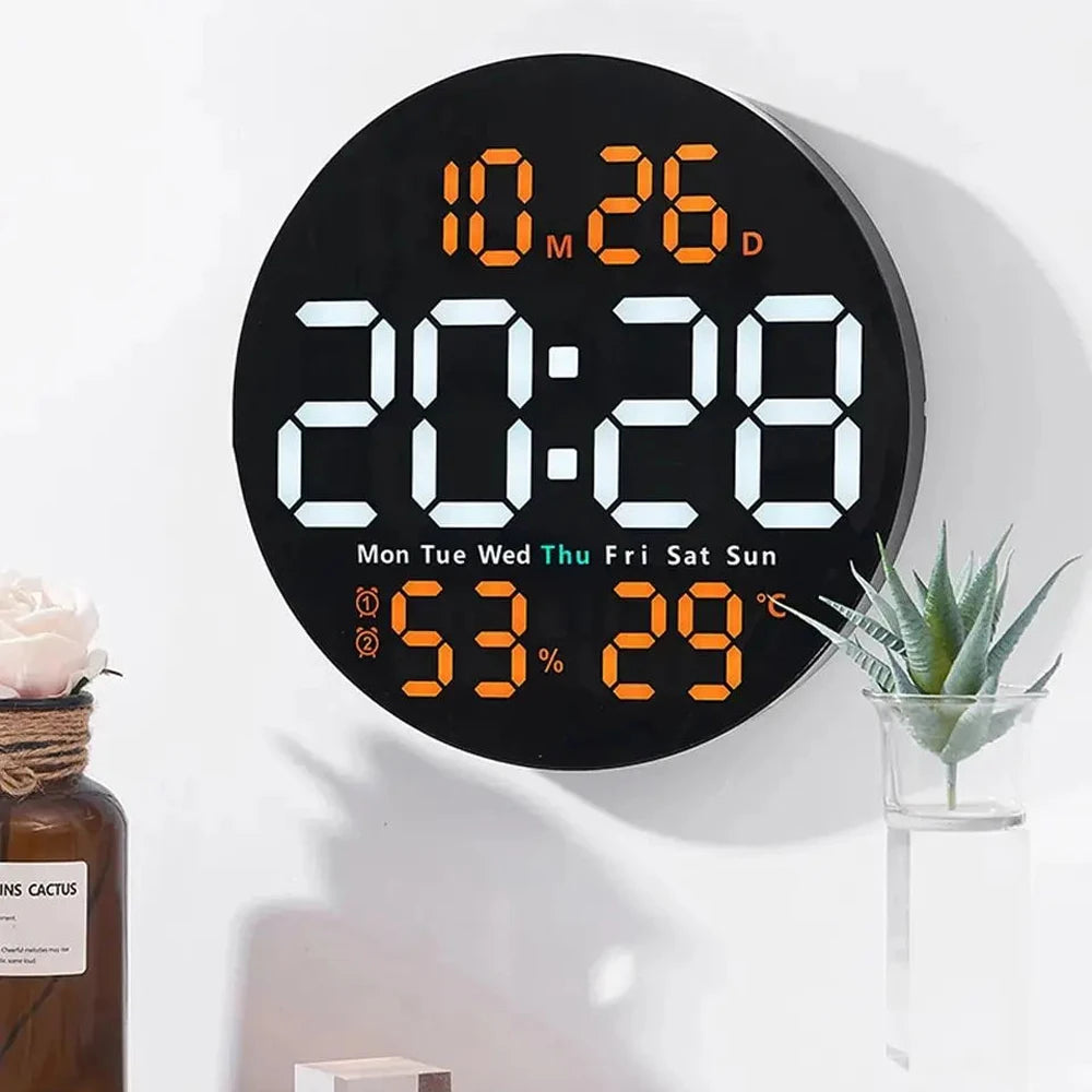 LED Wall Clock with Dual Alarms, Calendar and Temperature Display for Home Decoration. Brightness Adjustable