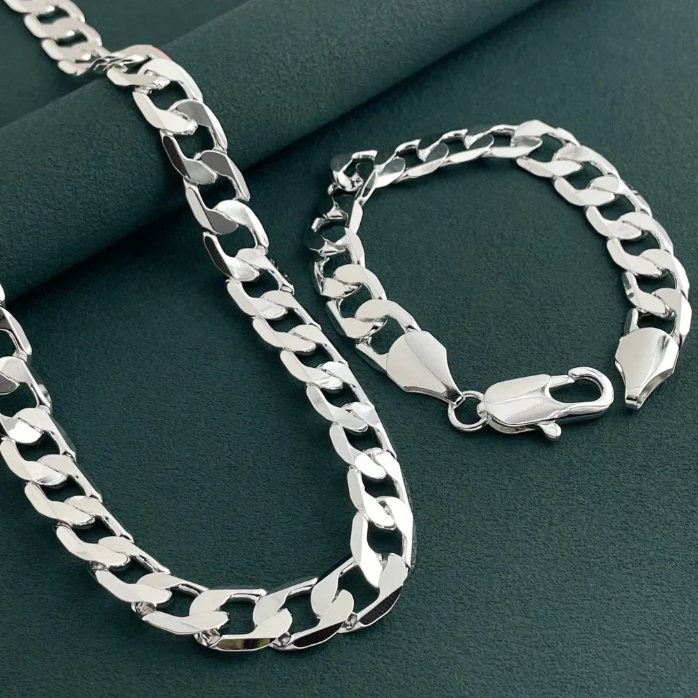 925 sterling silver 12MM side chain bracelet 23CM necklace jewelry set, suitable for men's daily wear