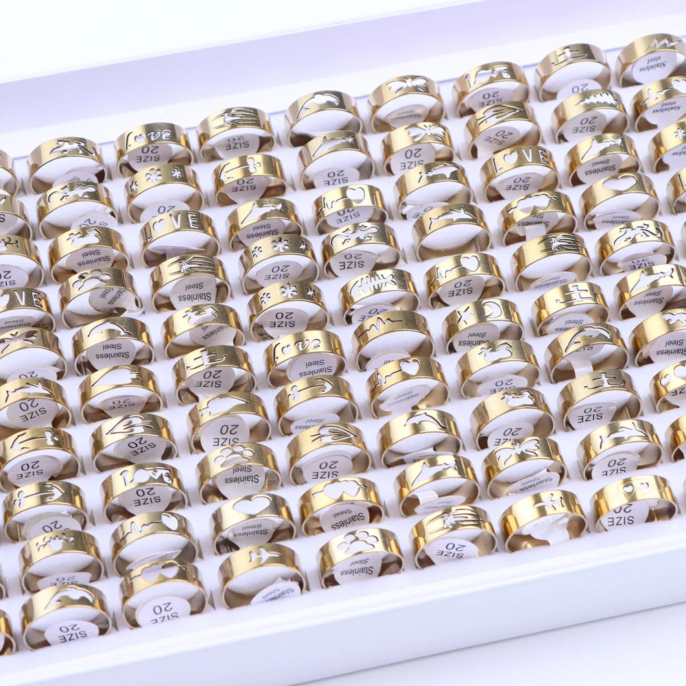 10/20/50/100Pcs/Lot Fashion Stainless Steel Stripe Heart Hollw Rings For Men Women Mix Style Simple Jewelry Party Gifts