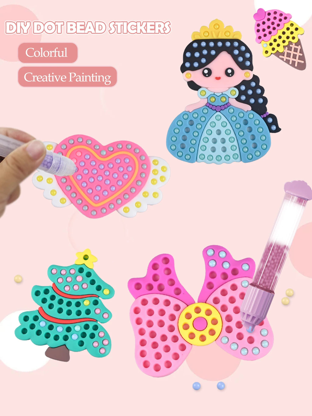Handmade Set Beads Pen DIY Girls Toys, Creative Production Sticker Princess Rainbow Bow Girl Gifts Toy for Kids