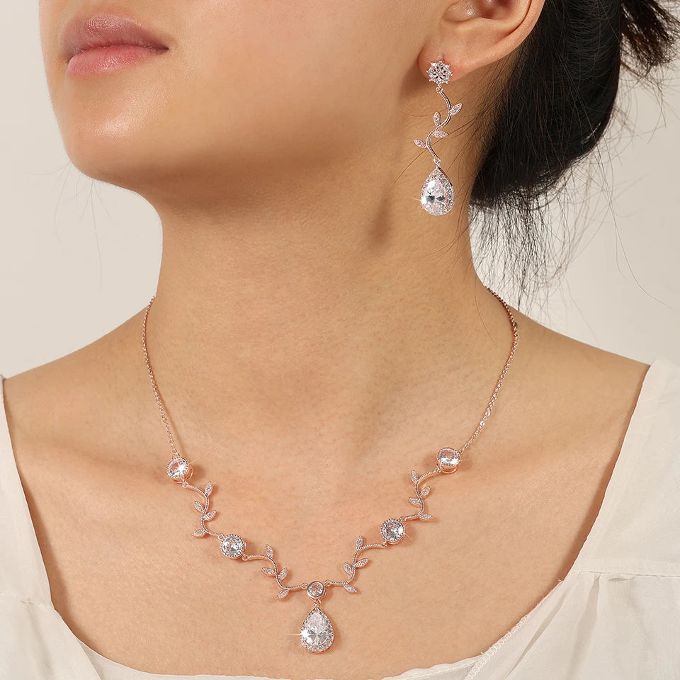 ZAKOL Classic White Rose Gold Color Cubic Zirconia  Bridal Jewelry Sets Leaf Shape Choker Earrings Wedding Dress for Women