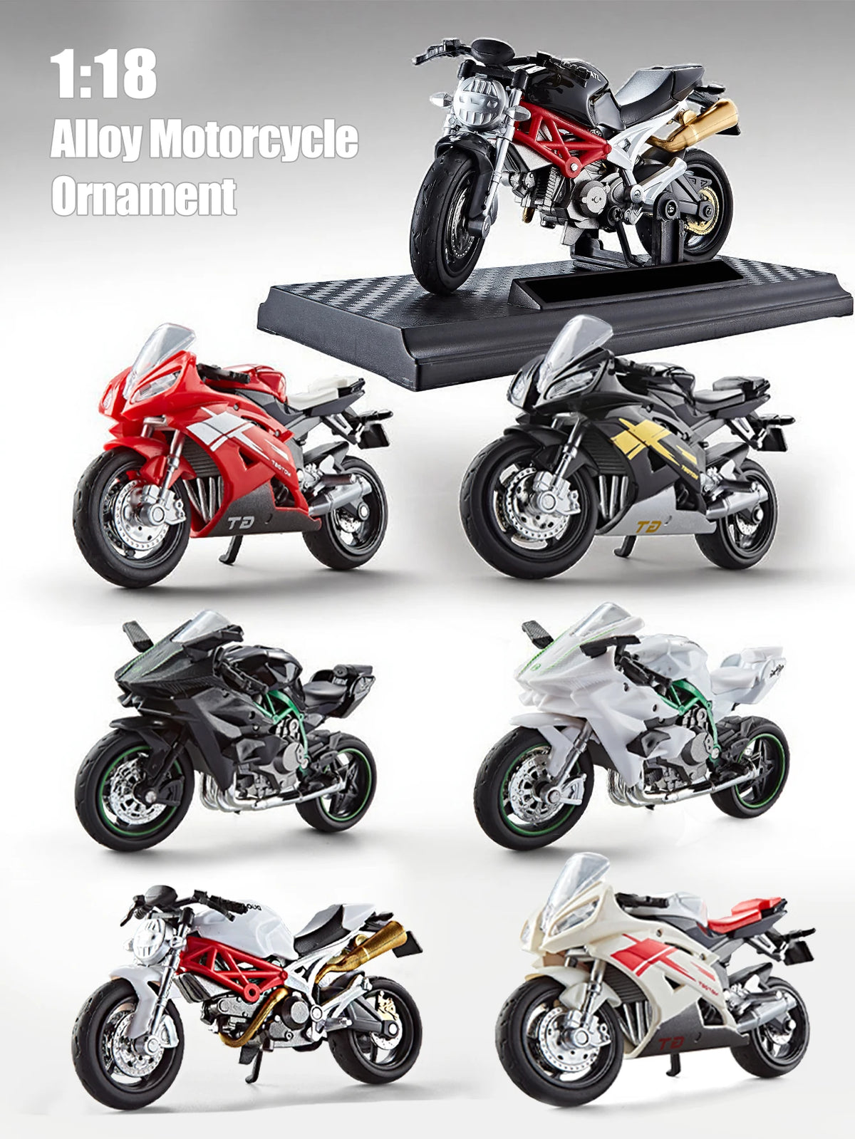 Motorcycle DieCast Model 1:18 Toy Car,  Collectible Model With Ornament Base Rotating Rubber Tires Kids Gifts