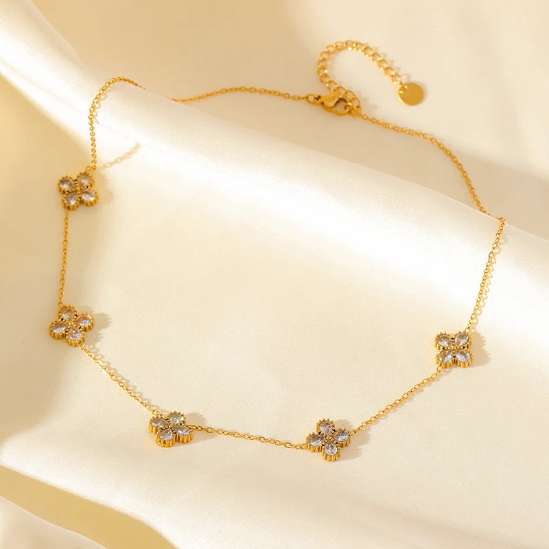 GANEMLY Stainless Steel  Sparkling White Zircon Flower Necklace Bracelet Earrings Set For Women Trendy Waterproof Jewelry Gift