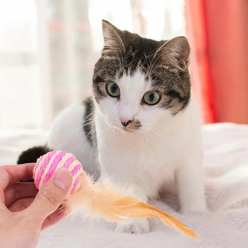 Pet Cat Toys Sisal Feather Ball Cat Scratch Ball Toys Pet Supplies Random Color  игрушки для кошек