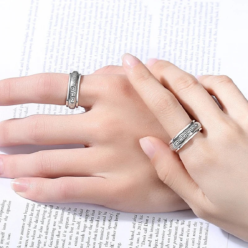 Factory Price S925 Sterling Silver Movable Great Wall Pattern Ring Men Women Real Silver Double-layer Rotatable Rings Jewelry