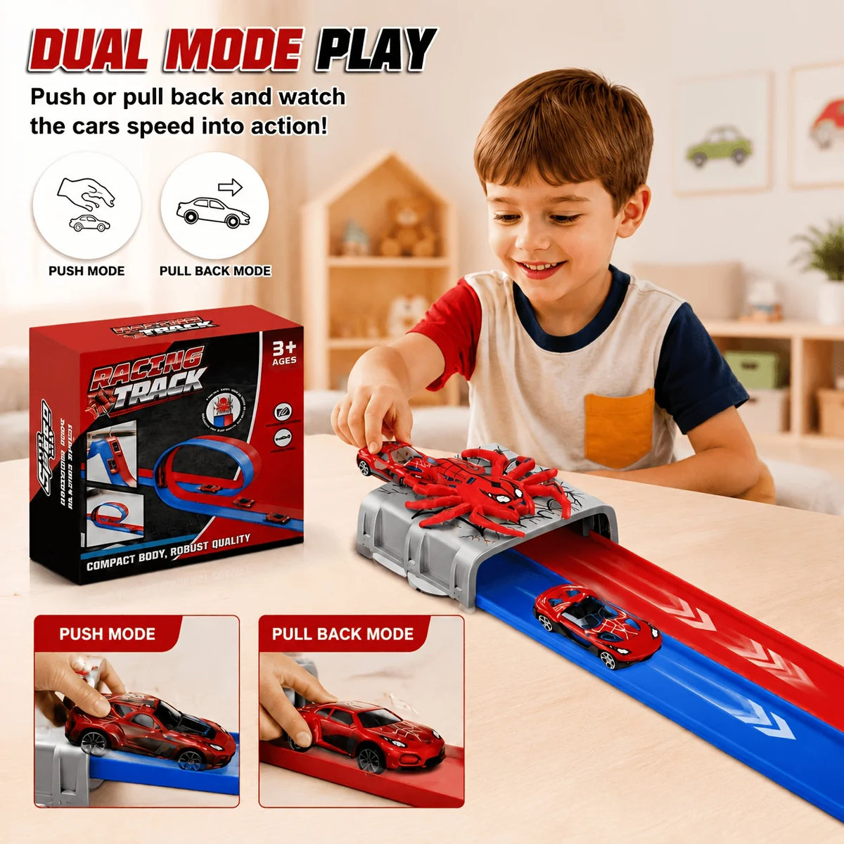 Dual Mode Racing Track Toy with 4 Alloy Pull Back Cars, Flexible Suction Cup Track, Halloween & Christmas Gift for