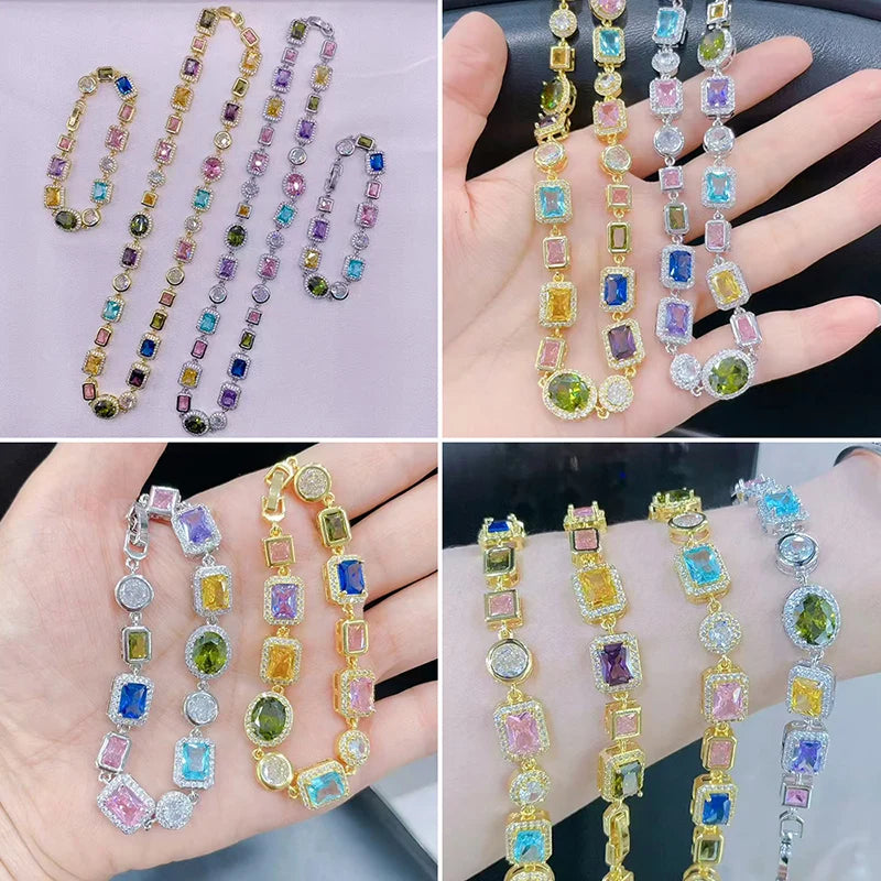 Colorful Mosaic Geometric Zircon Bracelet/Necklace Set Hip-Hop Retro Unisex Couple's 18K Gold-Plated Brass Jewelry:VL661 VL662