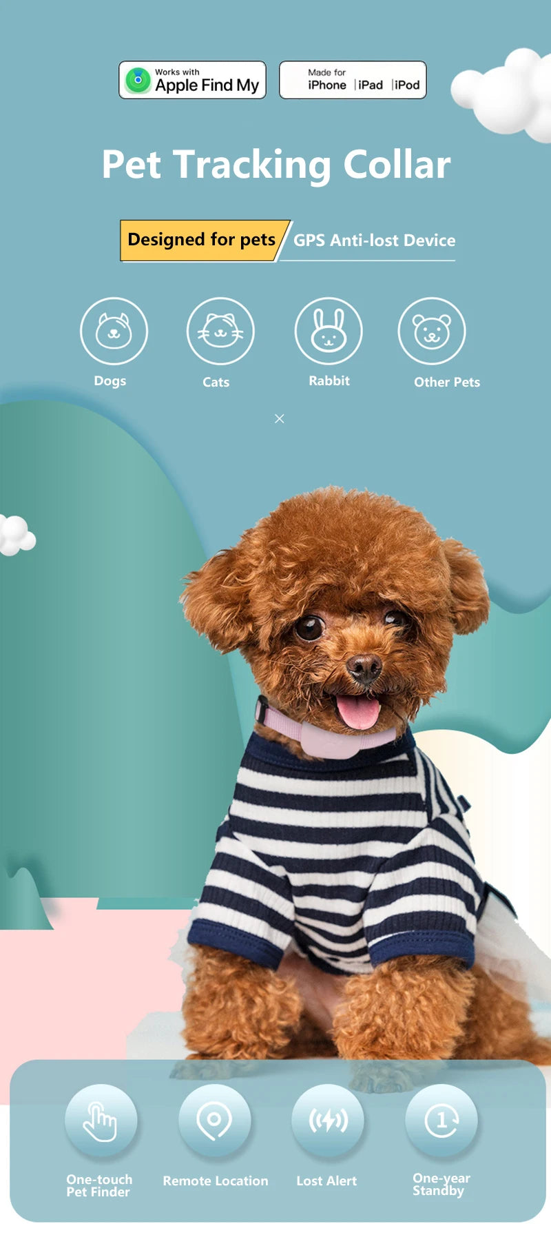 Waterproof Pet GPS Tracker - Dog & Cat Locator, with Adjustable Collar Anti Lost Dogs Real-time Tracking Device for iOS